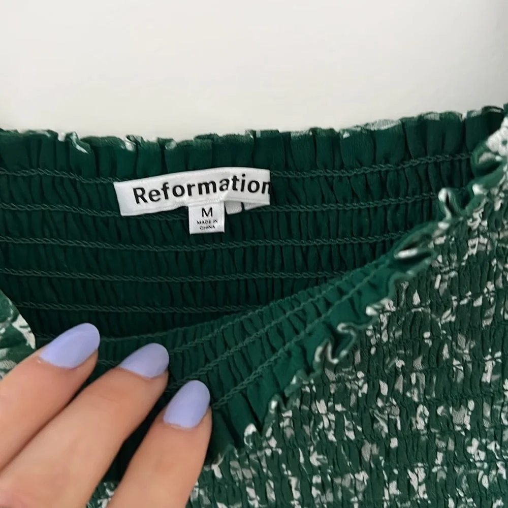 Reformation Green Floral Smocked Square-Neck Blouse